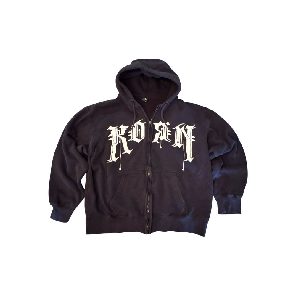 KORN Y2K Licensed Band Zip Up Hoodie Black Old English Logo Nu Metal Mens XL